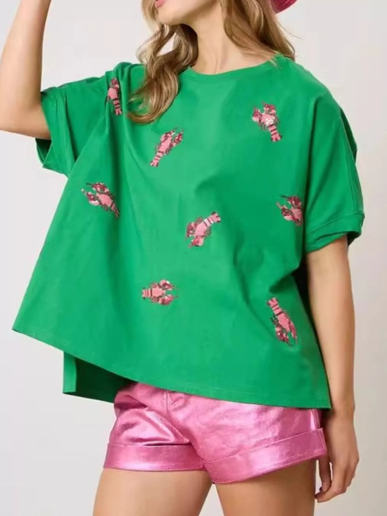Fantastic Fawn Tops - Fantastic Fawn | Sequined Lobster Oversized Tee  | Green & Pink | Medium